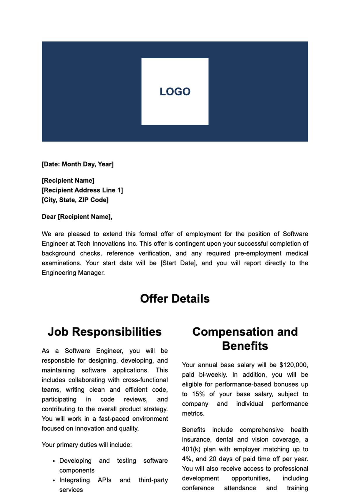 Professional employment offer letter template with acceptance section_variant_1